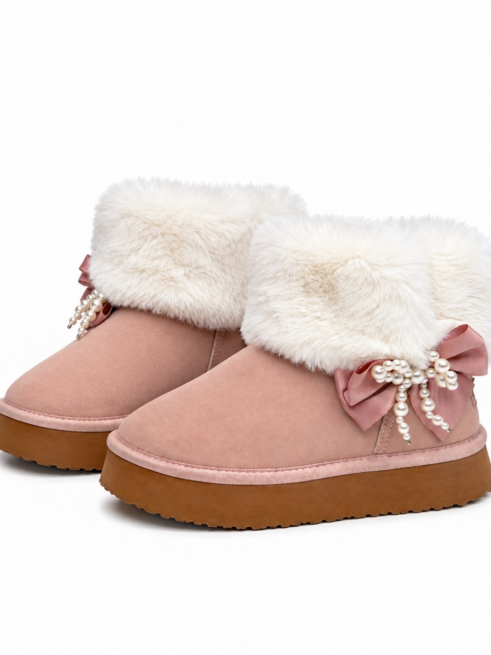 Juicy Couture Pink Faux Fur Pearl Bow Platform Ankle Boots Size 6–6.5